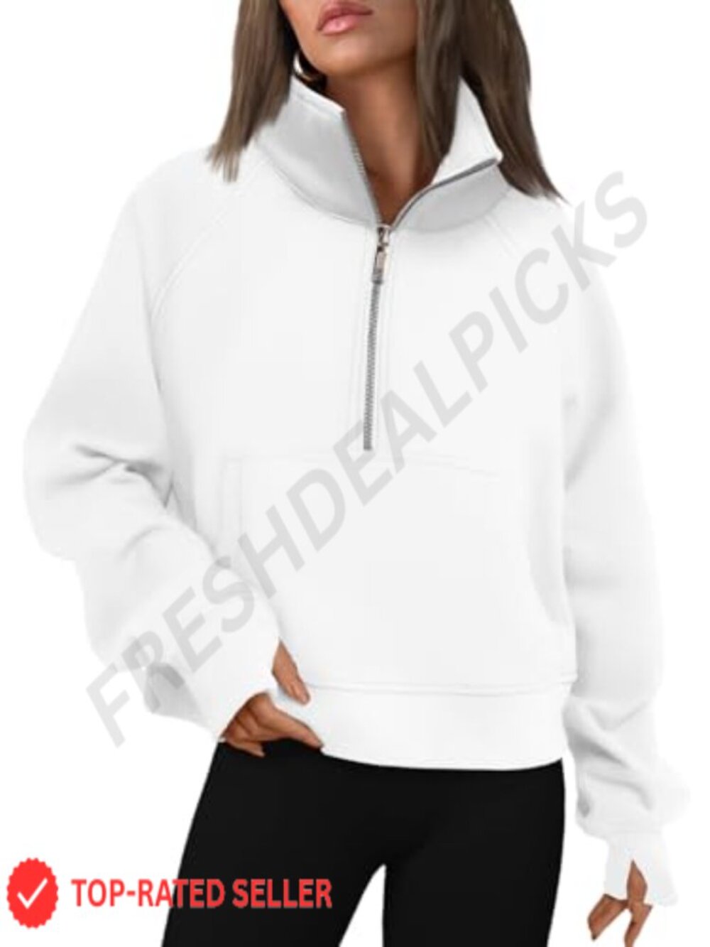 Womens Half Zip Fleece Pullover Sweatshirt with Thumb Holes and Kangaroo Pocket
